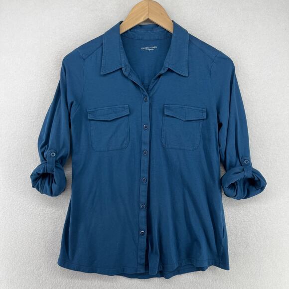 Eileen Fisher Tops - EILEEN FISHER Top S Organic Cotton Jersey Shirt Button Up Roll Tab Sleeve Blue